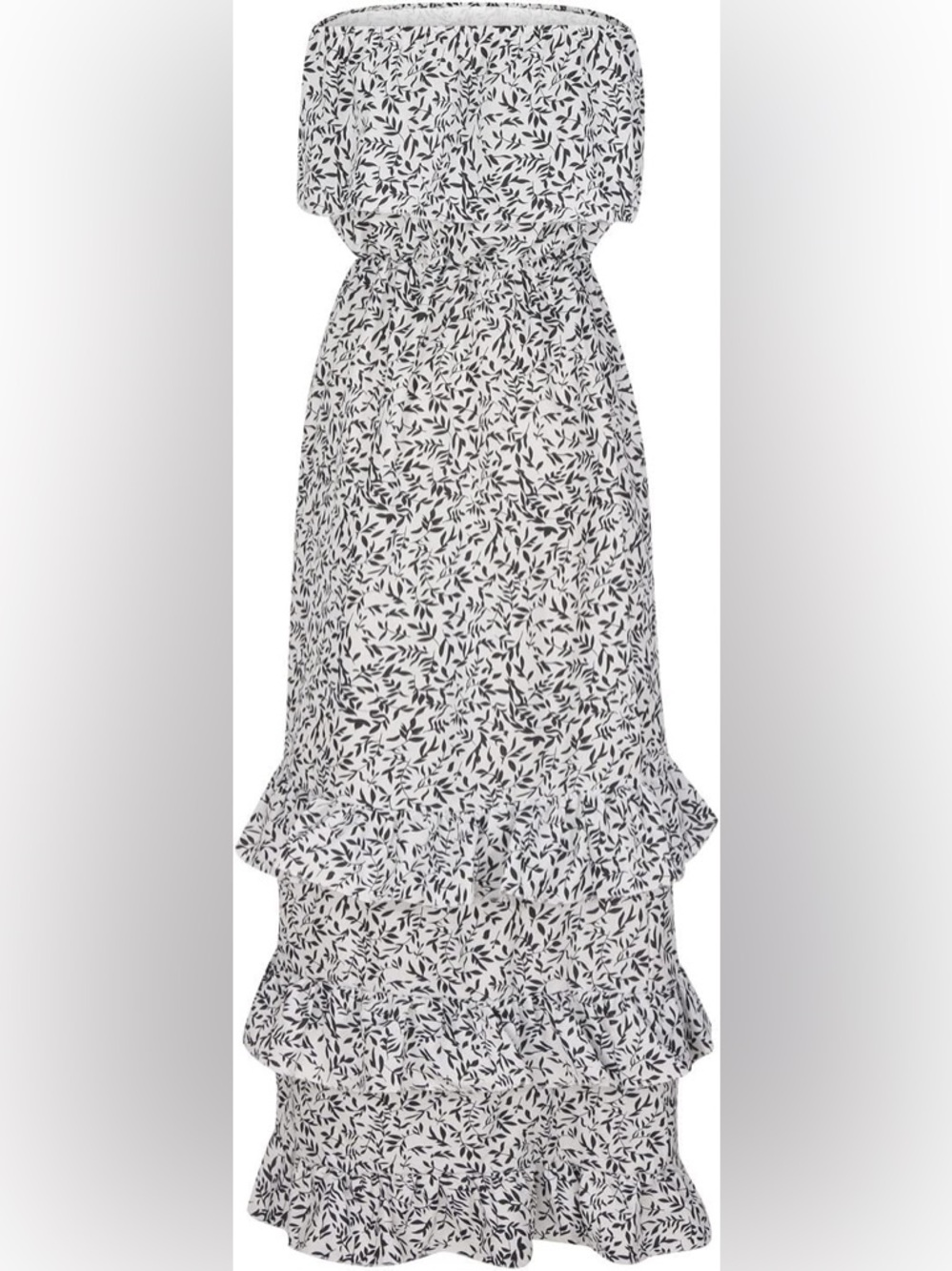 Strapless White Midi Skirt with Black Leaf Print